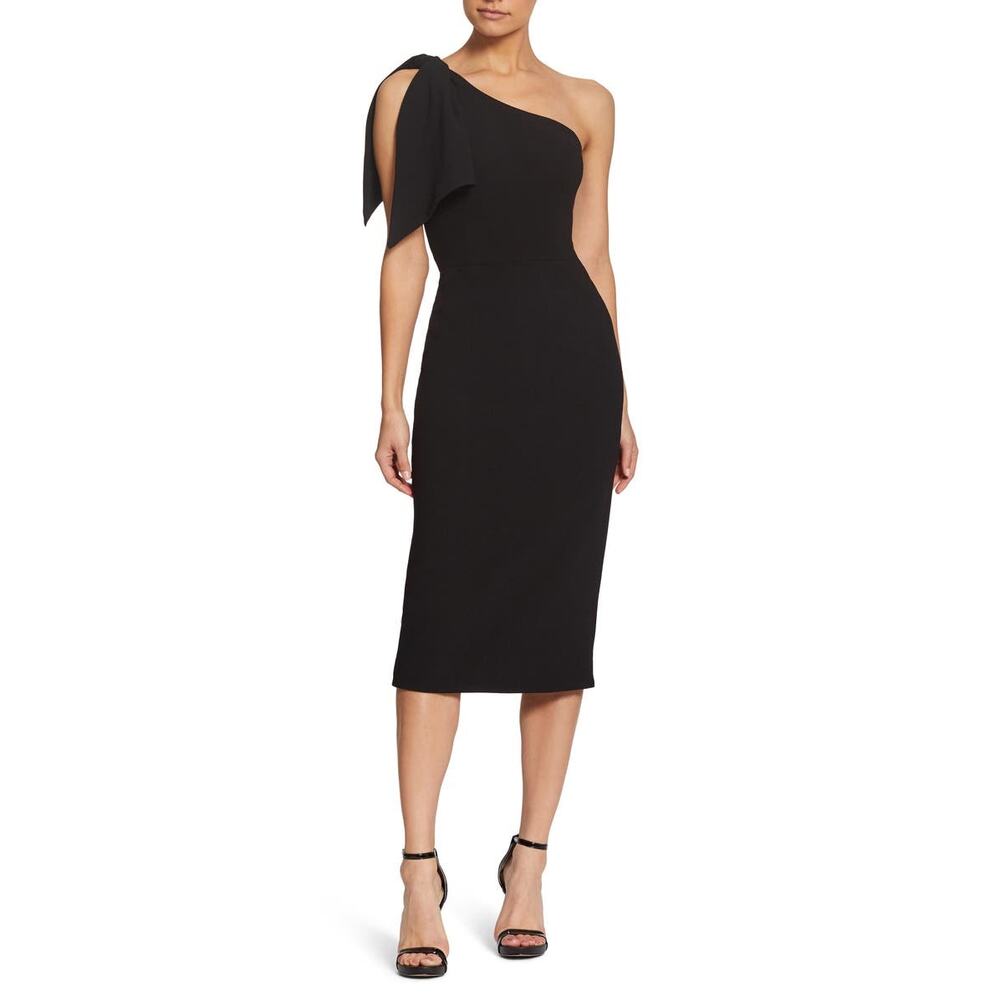 DRESS THE POPULATION Women's Black Tiffany One-Shoulder Midi Dress Size S NWOT